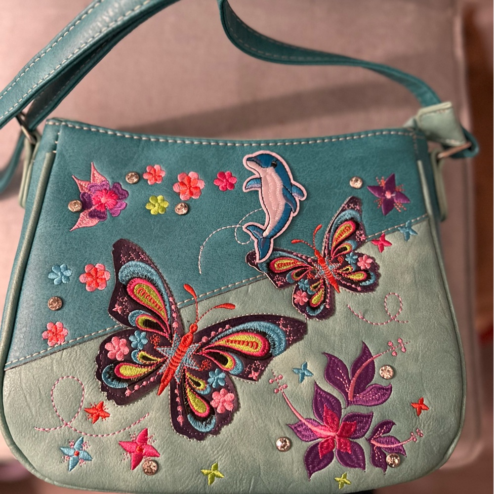 Turquoise Butterfly & Dolphin Appliqué Crossbody Bag - Gun Carry